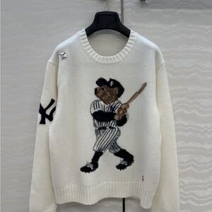 Ralph Lauren White Crewneck Sweater with Baseball Bear